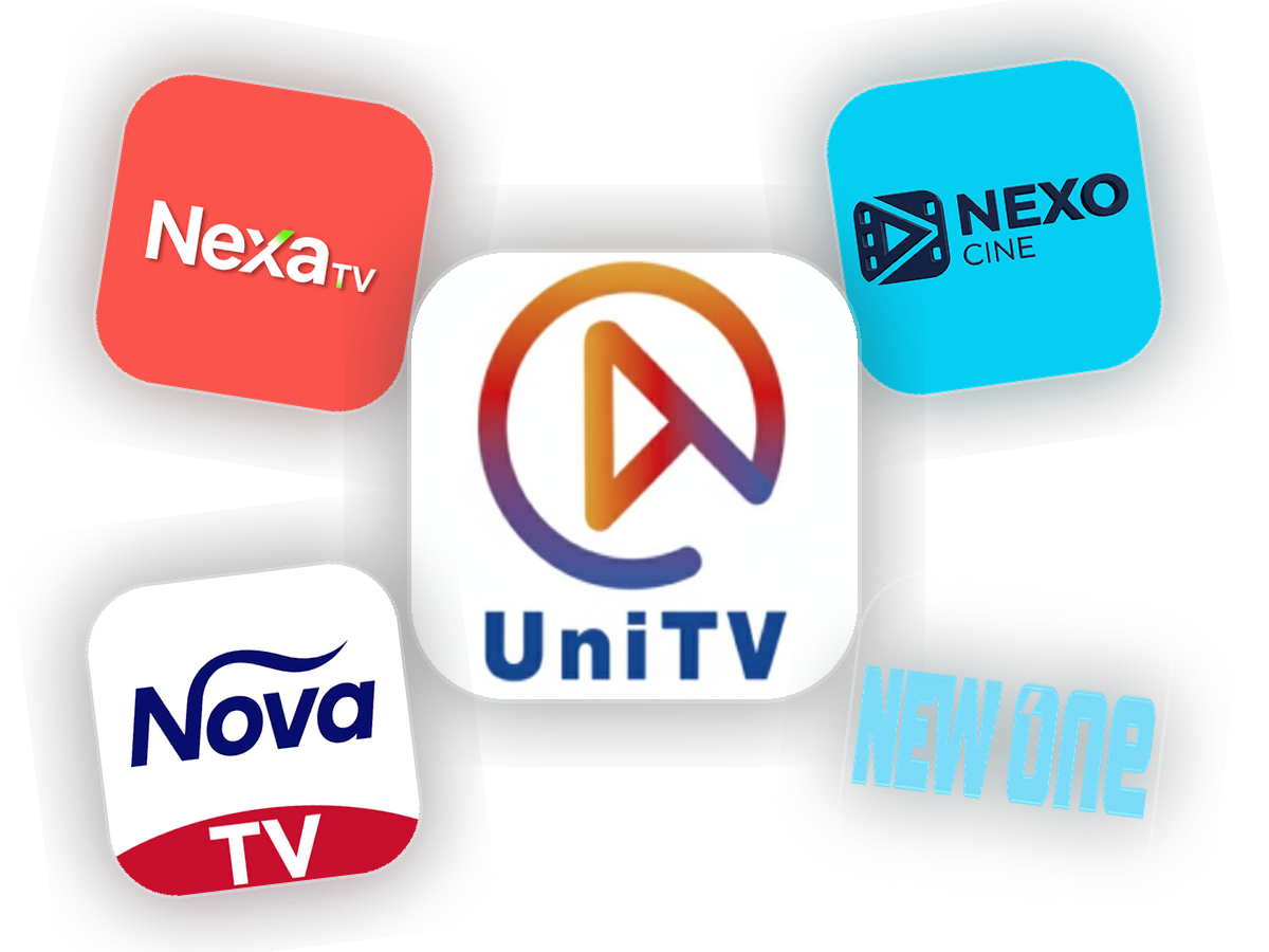 Colagem com os logos dos aplicativos UNITV, NEXATV, NEXOCINE, NOVA TV e NEW ONE